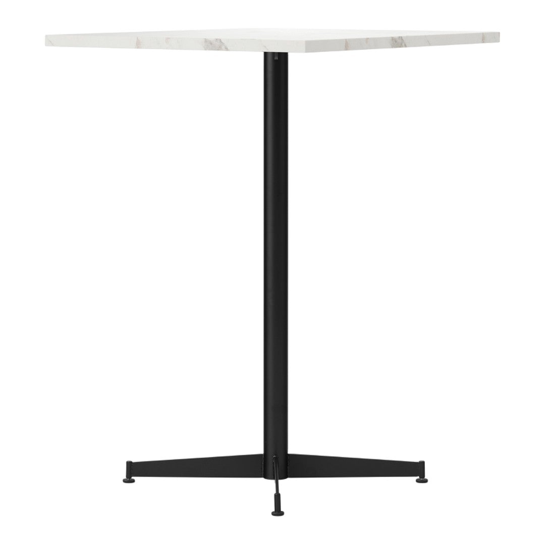 White marble tabletop with subtle veining, supported by a sleek black metal base. Modern and minimalist design.