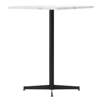 White marble tabletop with subtle veining, supported by a sleek black metal base. Modern and minimalist design.