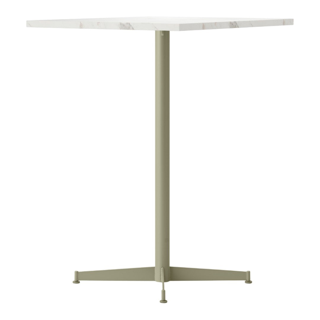 "Square tabletop in white with subtle gray veining, supported by a slender olive-green base."