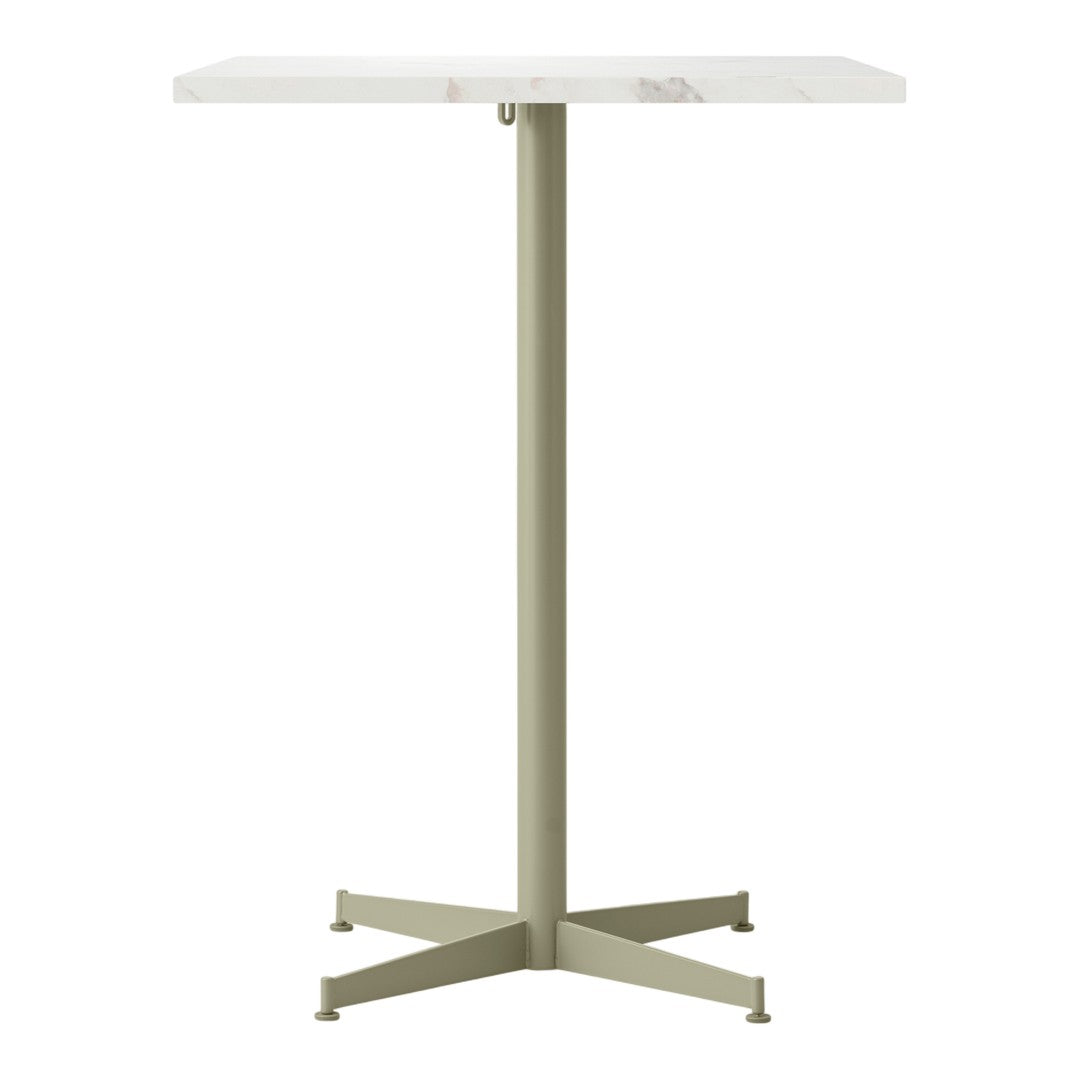 White marble tabletop with a sleek, light green metal base and minimalist design. Perfect for modern spaces.