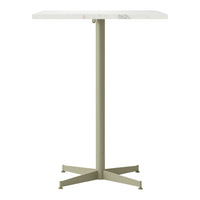 White marble tabletop with a sleek, light green metal base and minimalist design. Perfect for modern spaces.