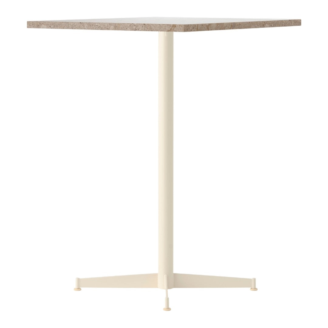 Square table with a light wood grain top and a cream-colored metal base, featuring a minimalist design.