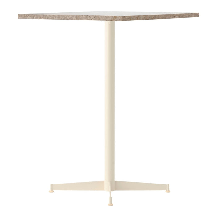 Square table with a light wood grain top and a cream-colored metal base, featuring a minimalist design.