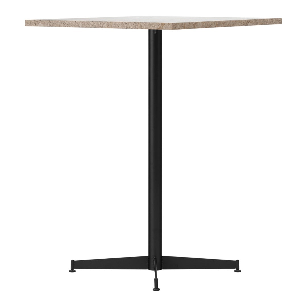 Square tabletop in light wood finish atop a sleek black metal base, showcasing a modern minimalist style.