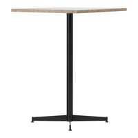Square tabletop in light wood finish atop a sleek black metal base, showcasing a modern minimalist style.
