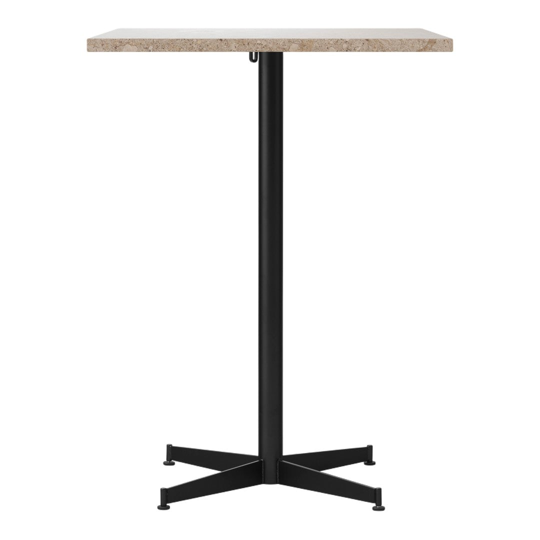 Light brown textured tabletop with a sleek black metal base, perfect for modern decor.