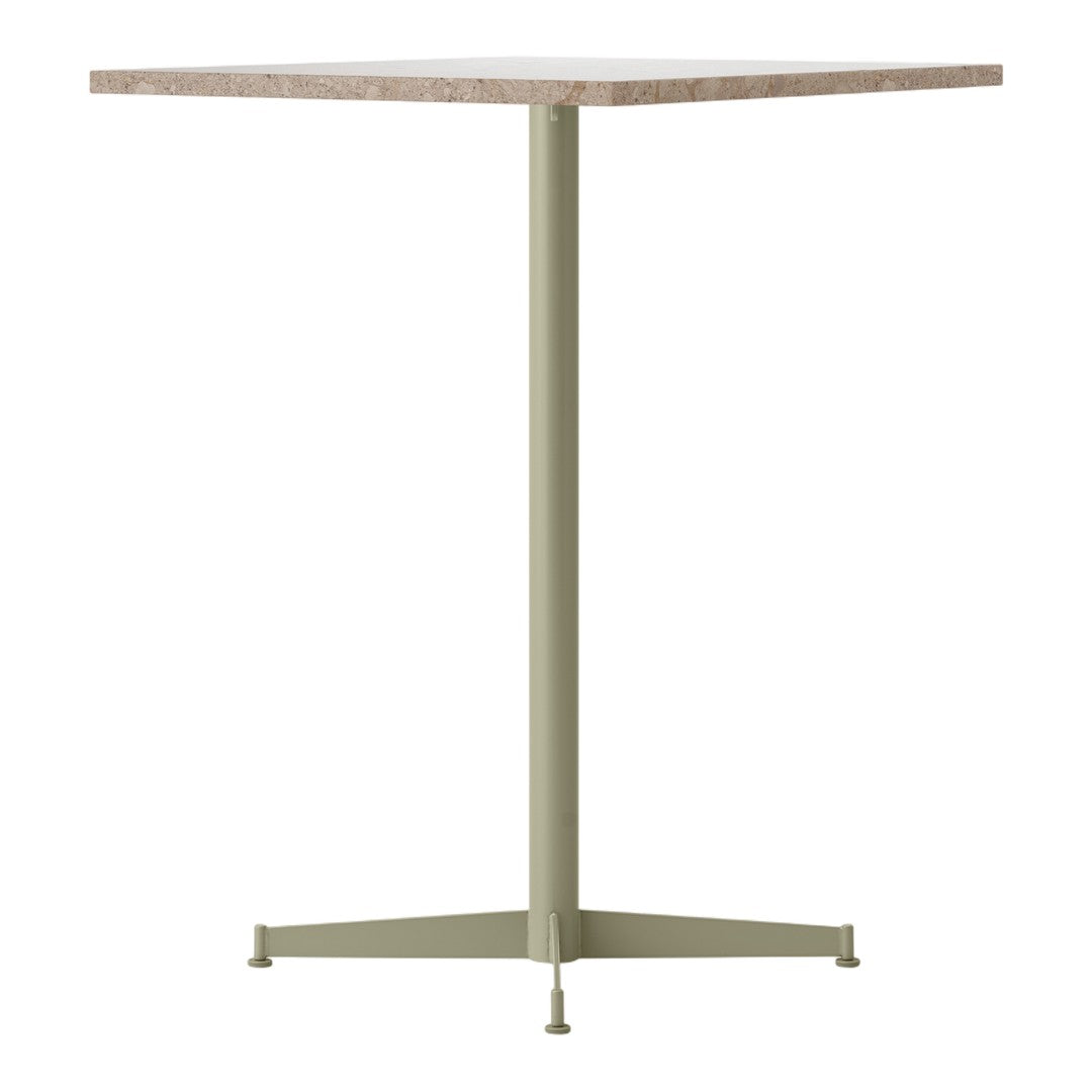 Square table with a natural wood top and a muted olive green metal base, perfect for modern decor.