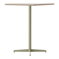 Square table with a natural wood top and a muted olive green metal base, perfect for modern decor.