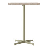 "Round top table with a beige natural stone surface and a muted green metal base."