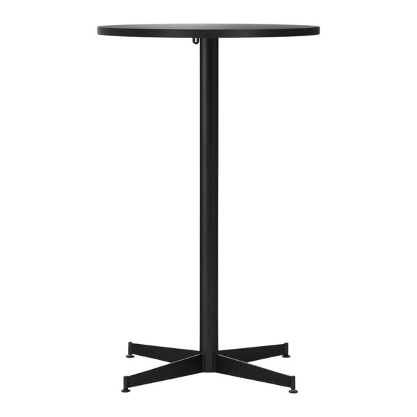 "Round black tabletop with a sleek black metal base, perfect for modern interiors."