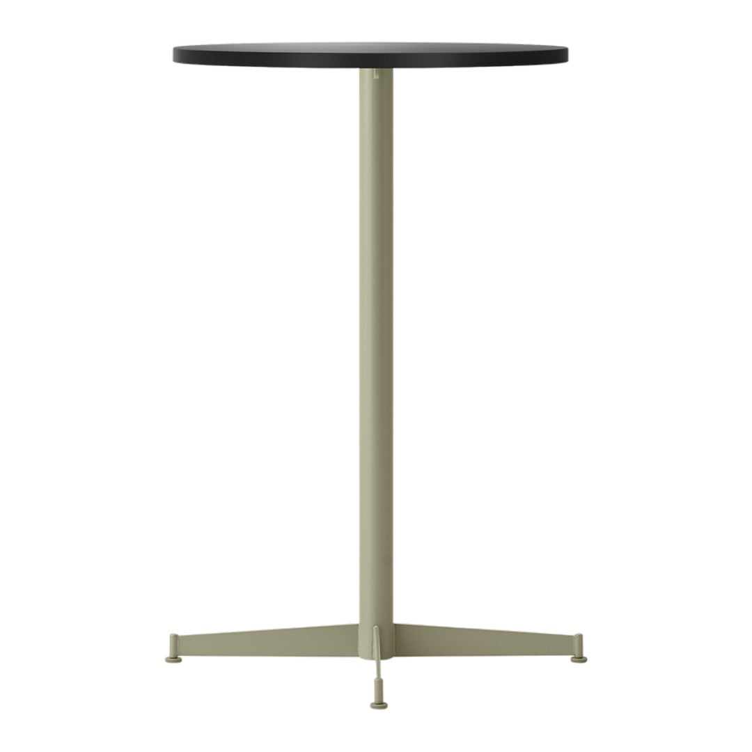 Round black tabletop with a sleek olive green metal base, minimalistic design perfect for modern spaces.