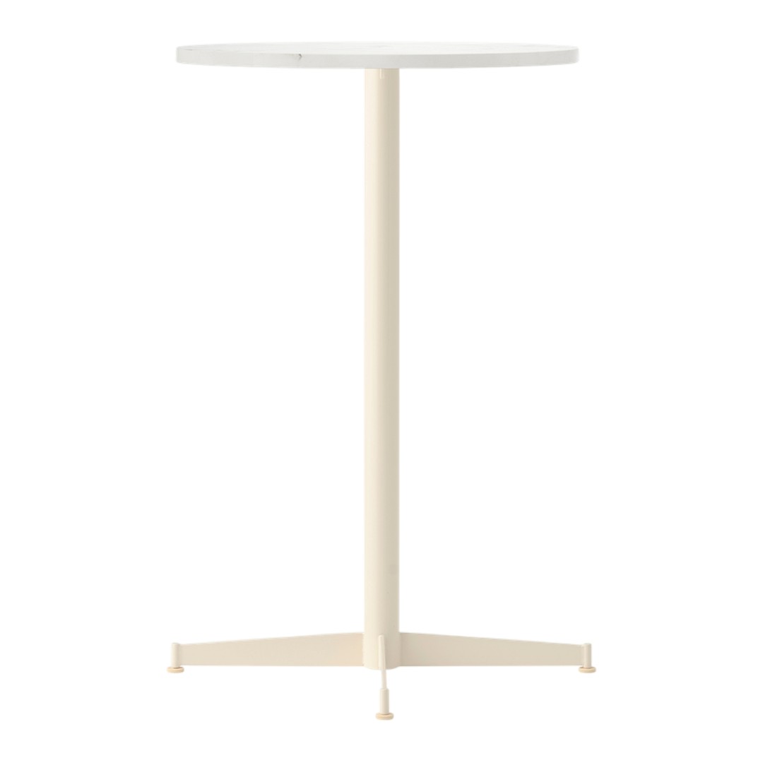 Round white tabletop with a sleek, cream-colored metal base in a minimalist design. Perfect for modern spaces.