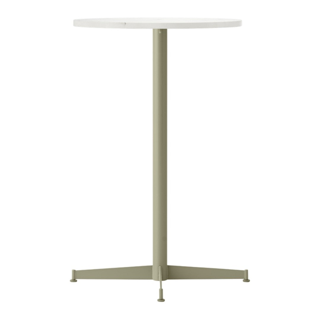 Round white tabletop with an olive green metal base, featuring a minimalist design and no visible patterns.