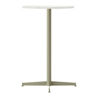 Round white tabletop with an olive green metal base, featuring a minimalist design and no visible patterns.