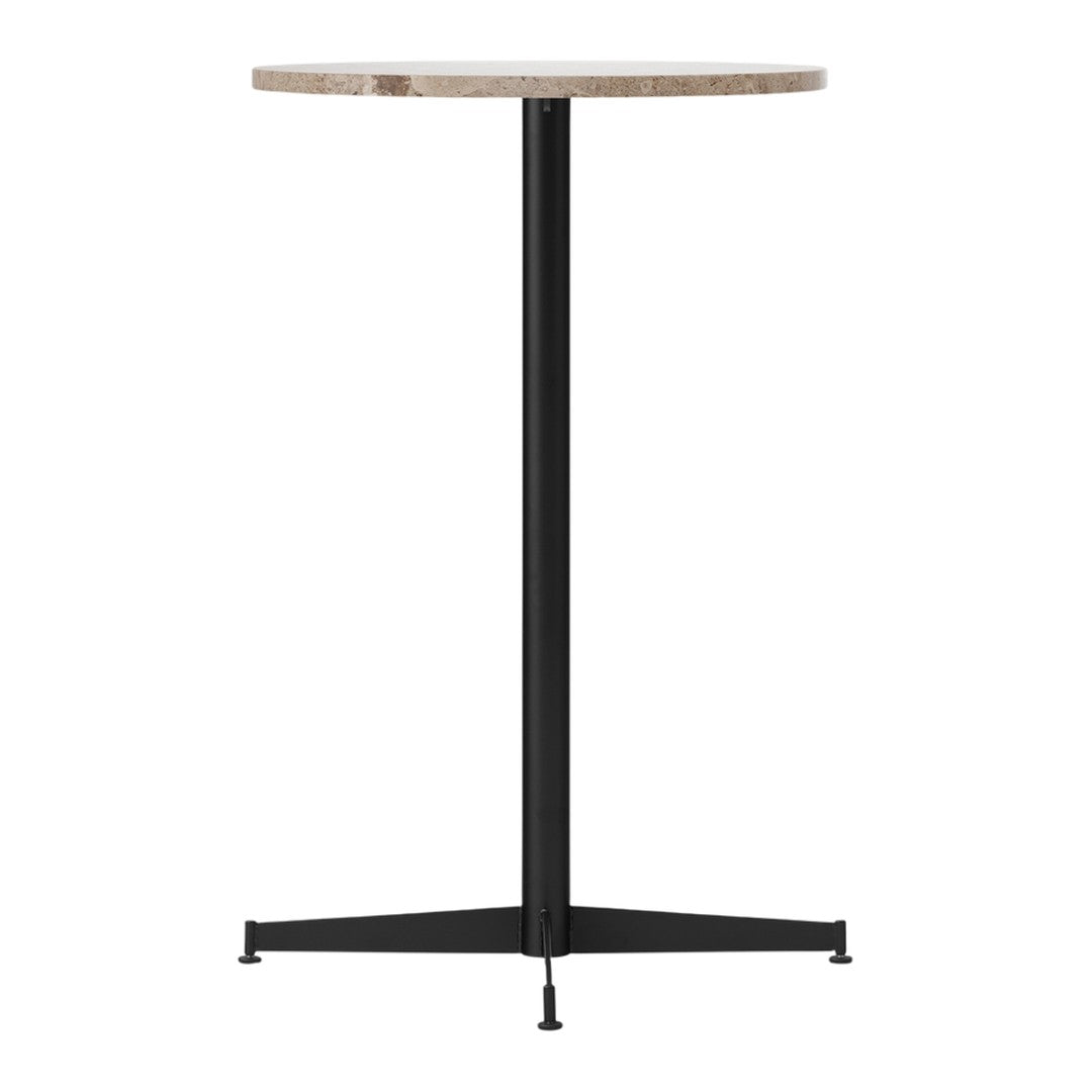 Round table with a light wood top and sleek black metal legs, featuring a modern and minimalistic design.