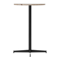 Round table with a light wood top and sleek black metal legs, featuring a modern and minimalistic design.
