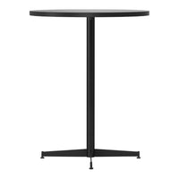 Round black table with a sleek, minimalist design and a solid black top, perfect for modern decor.