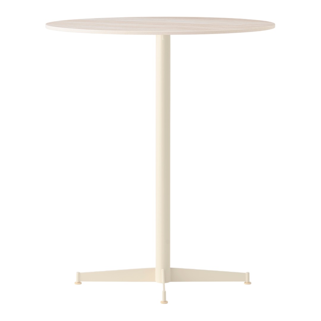 Cream-colored round table with a smooth wooden top and a minimalist metal base in a soft off-white hue.