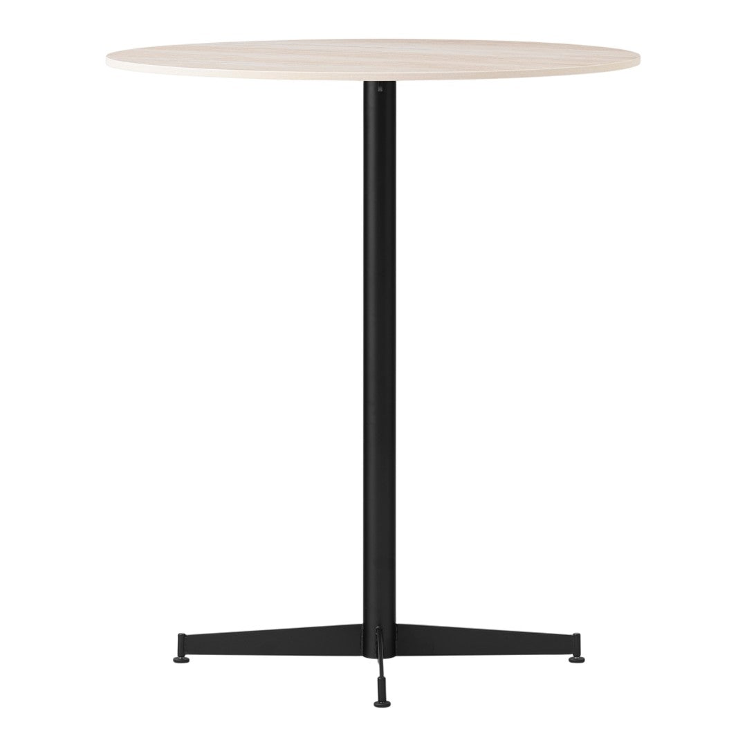 Round wooden-top table in natural wood finish with a sleek black metal base. Modern and minimalist design.