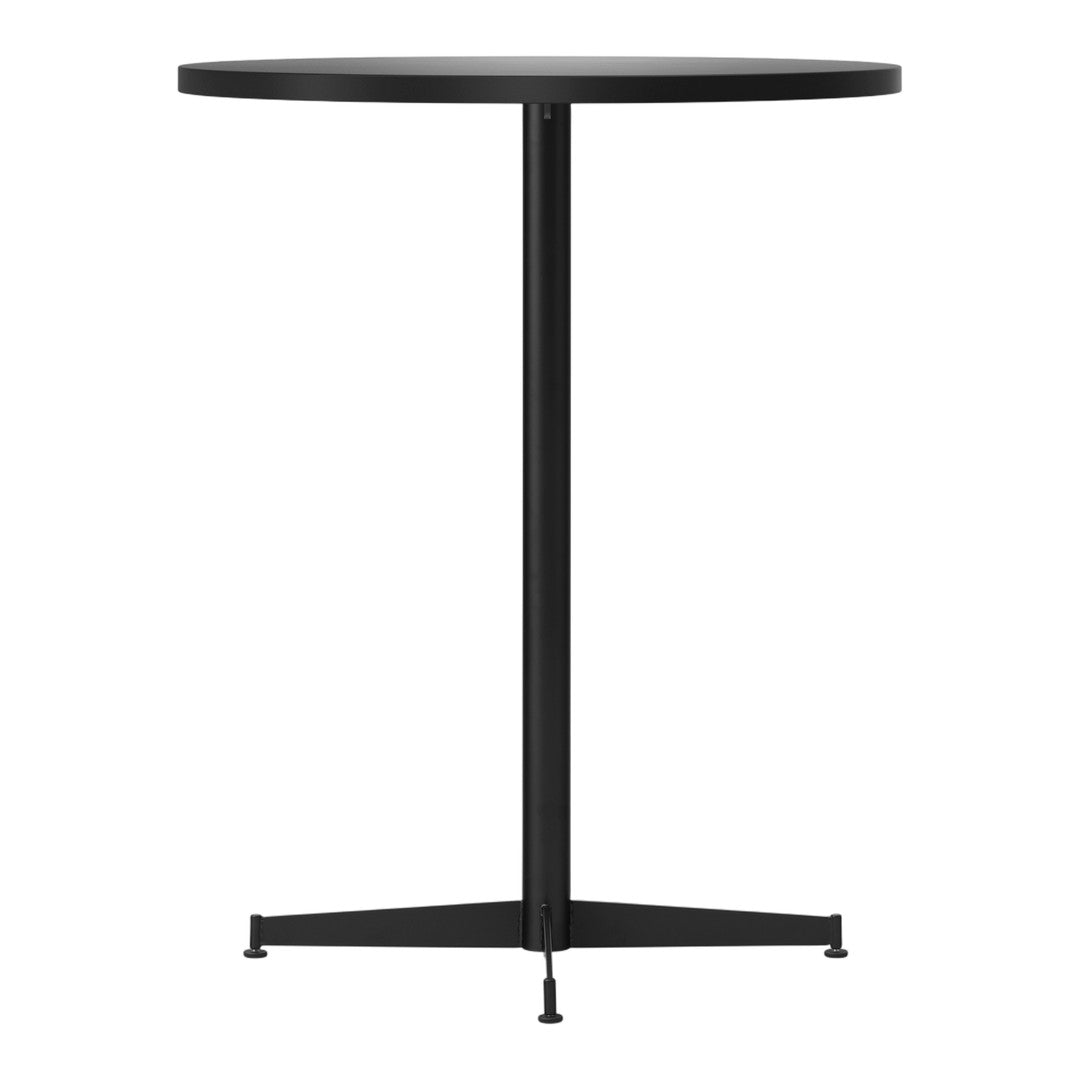 Round black table with a minimalist design and sleek metal base, perfect for modern decor.