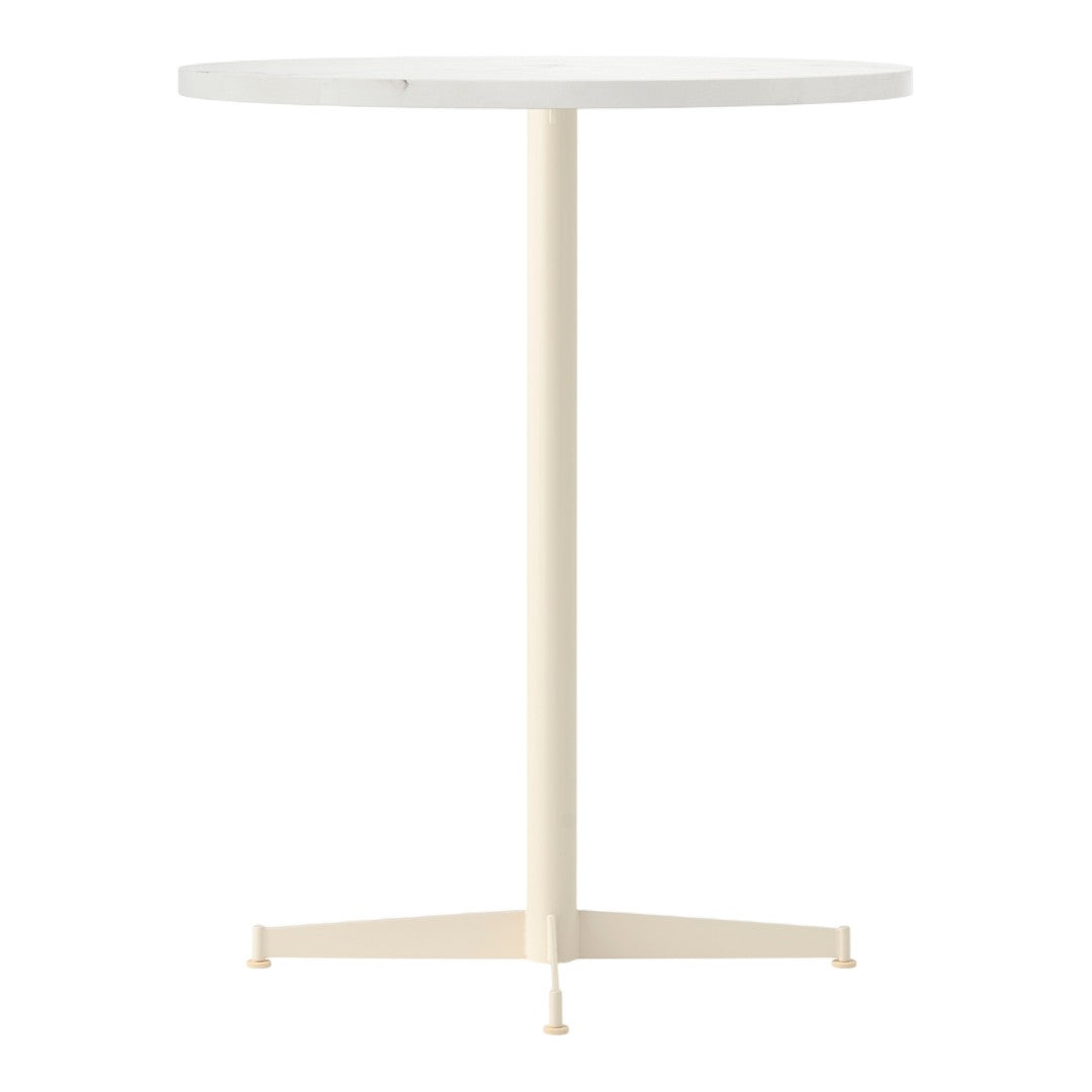 Round white tabletop with a sleek cream-colored metal base, modern minimalist design.