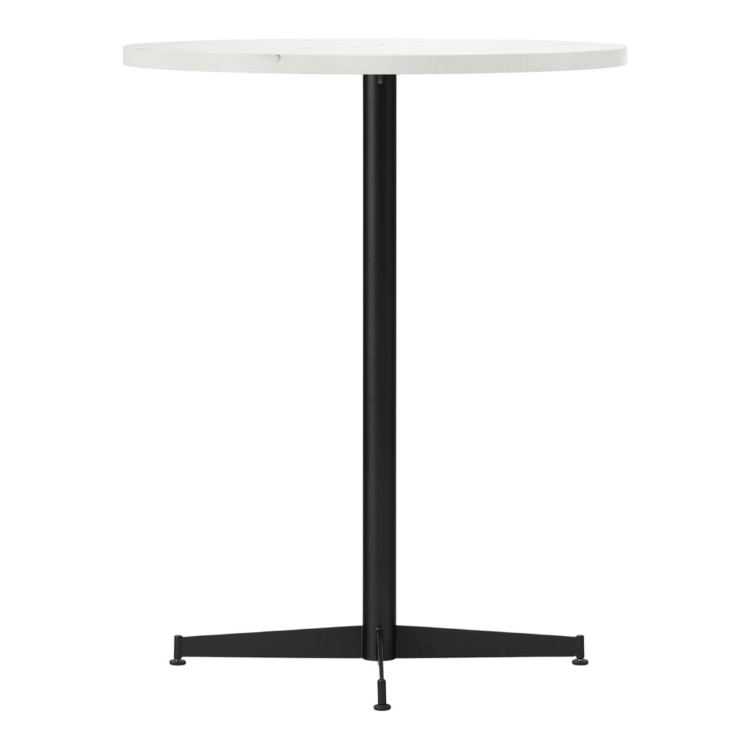 Round white table top with a sleek black metal base, featuring a minimalist design and smooth surfaces.