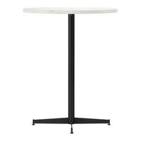 Round white table top with a sleek black metal base, featuring a minimalist design and smooth surfaces.