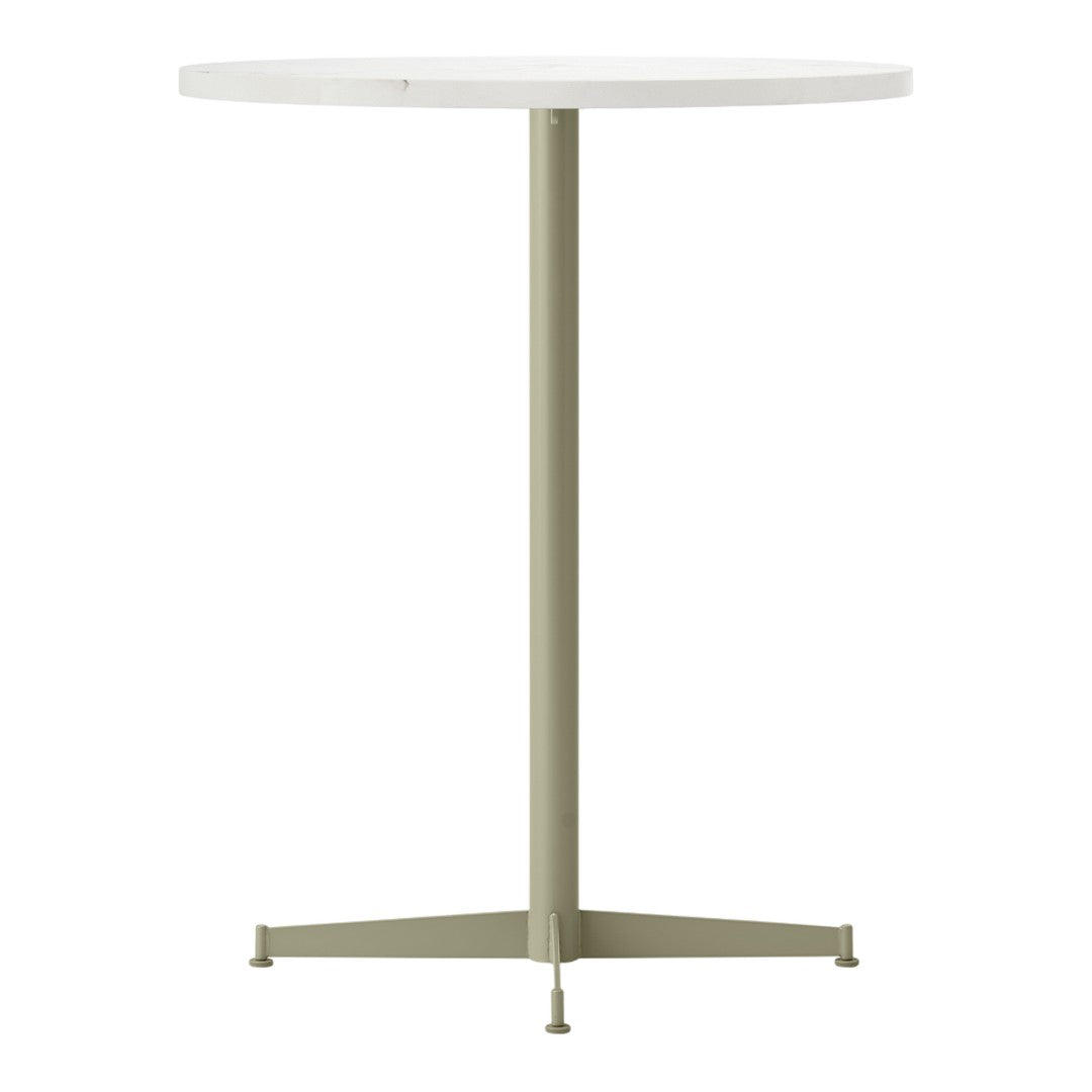 White circular tabletop with a light green metal base. Simple and modern design, perfect for any decor.