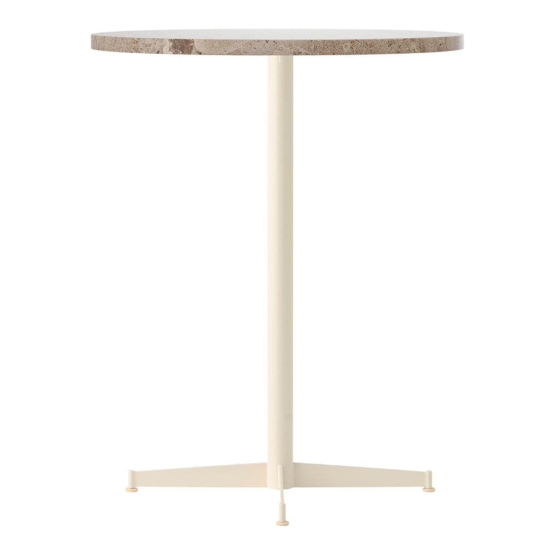 Round table with a light beige top and a cream-colored metal base, featuring a smooth, modern design.