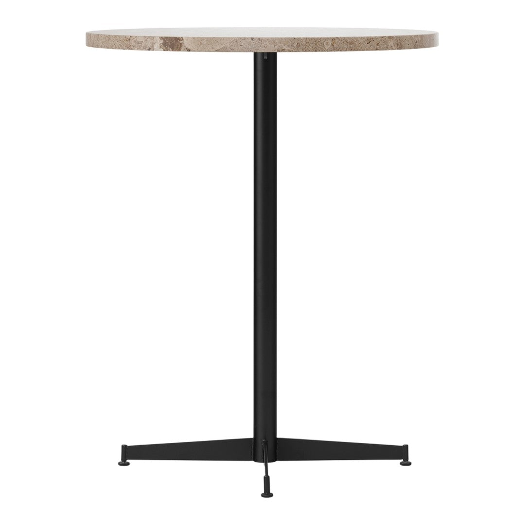 Light gray stone tabletop with subtle patterns, supported by a sleek black metal base in minimalist design.