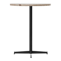 Light gray stone tabletop with subtle patterns, supported by a sleek black metal base in minimalist design.