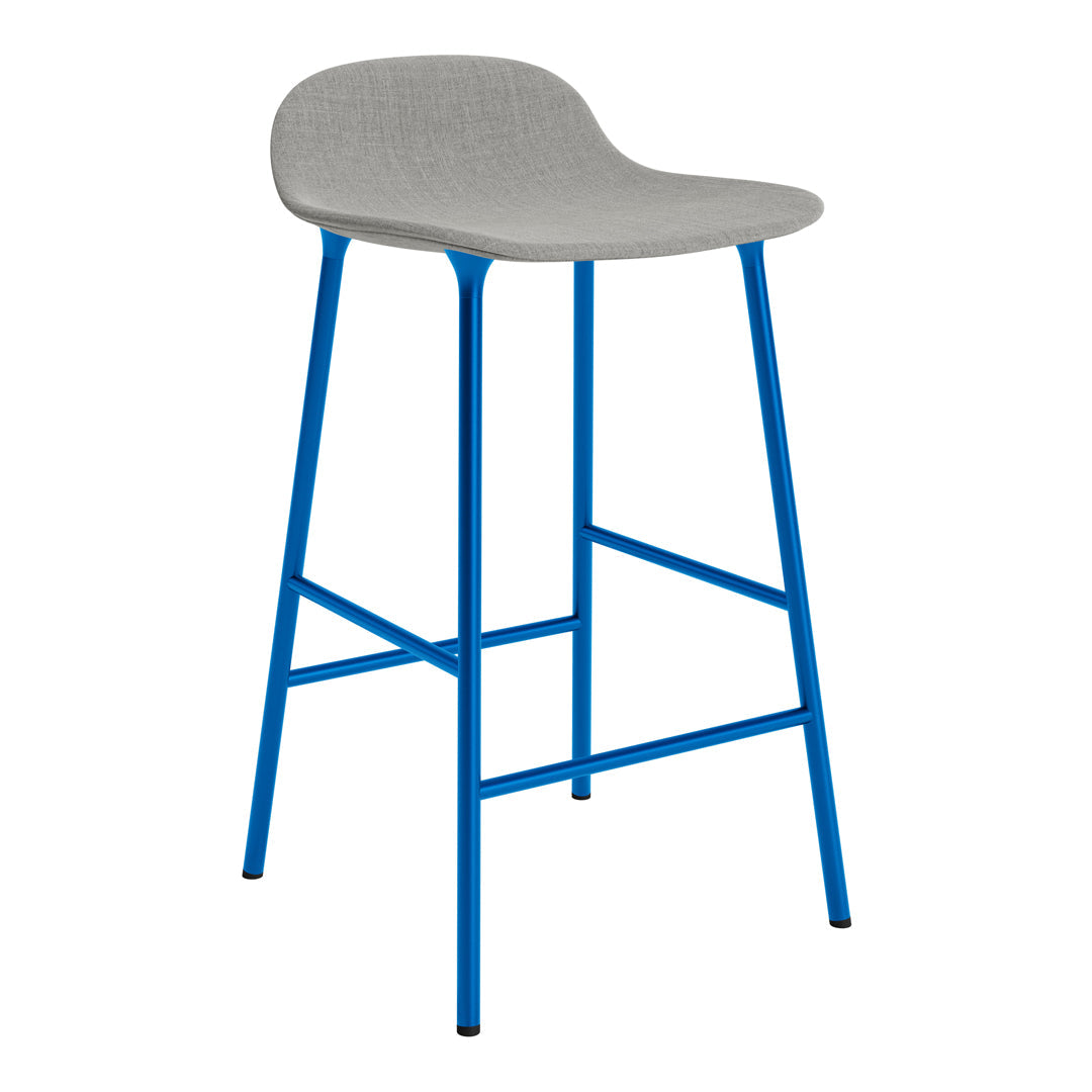 Gray upholstered seat with bright blue metal legs in a sleek, modern design. Perfect for contemporary spaces.