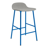 Gray upholstered seat with bright blue metal legs in a sleek, modern design. Perfect for contemporary spaces.