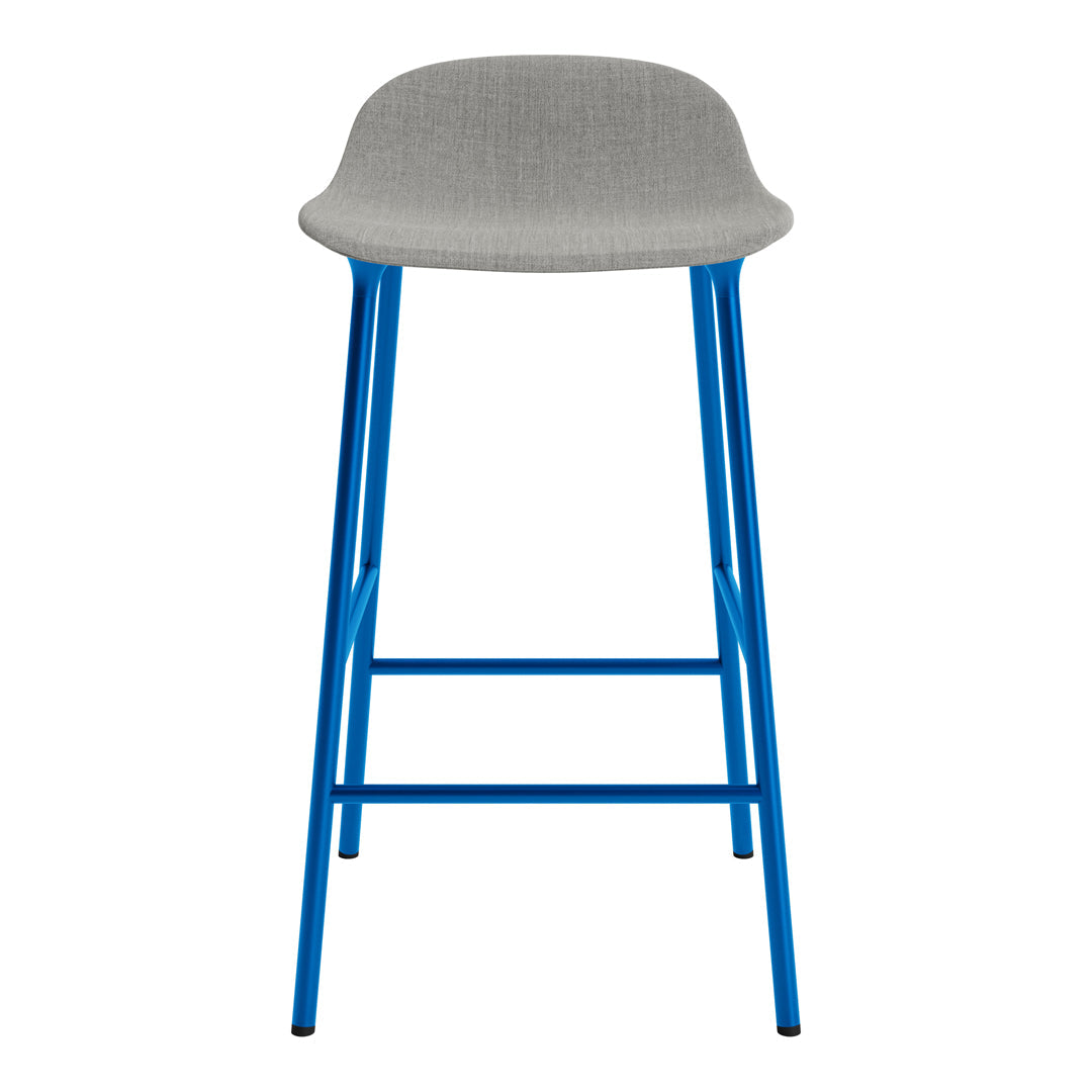 Gray upholstered bar stool with vibrant blue metal legs. Modern design and sleek lines. Ideal for contemporary spaces.
