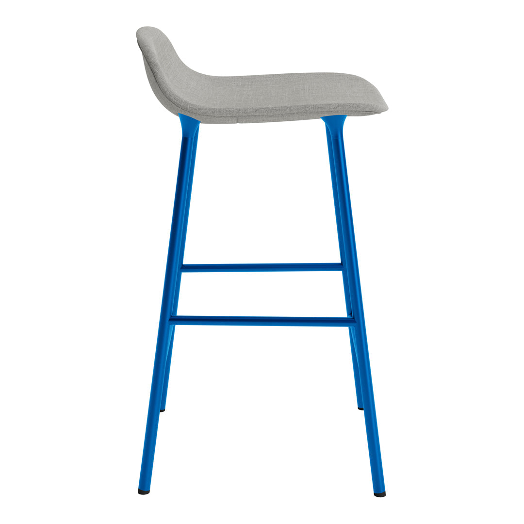 Gray upholstered bar stool with a vibrant blue metal frame, featuring a sleek, modern design.