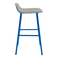 Gray upholstered bar stool with a vibrant blue metal frame, featuring a sleek, modern design.