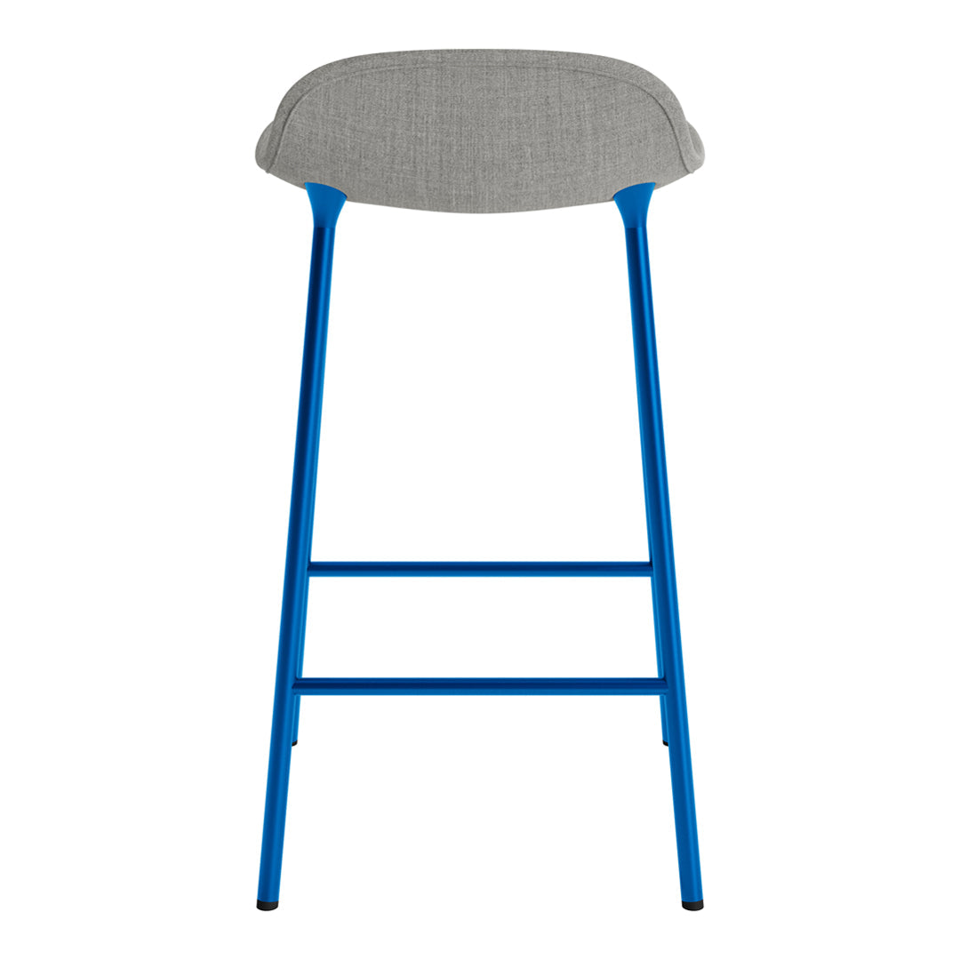 Blue metal bar stool with a soft gray upholstered seat, featuring a sleek and modern design.
