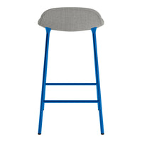 Blue metal bar stool with a soft gray upholstered seat, featuring a sleek and modern design.