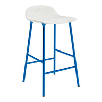 White upholstered bar stool with bright blue metal legs, featuring a sleek and modern design.