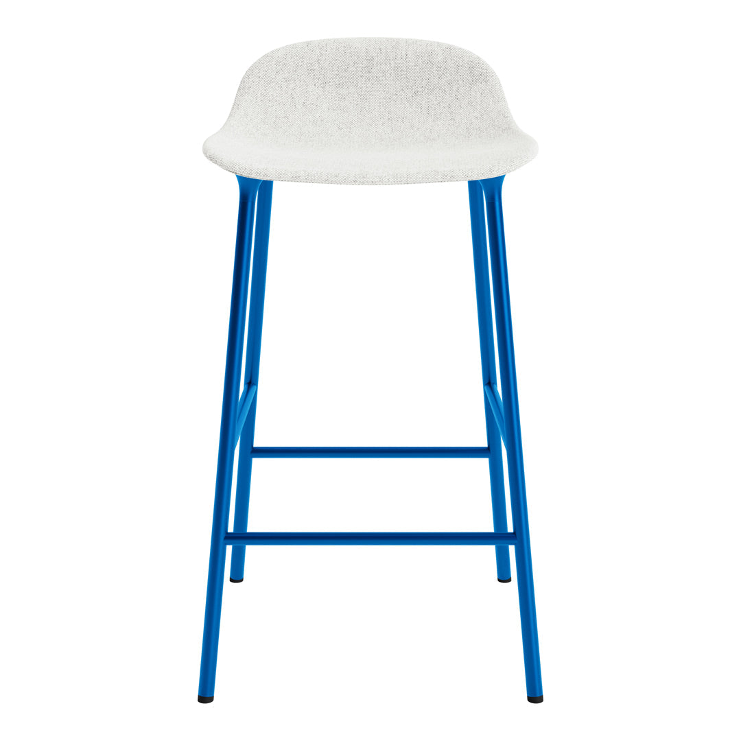 White upholstered bar stool with vibrant blue metal legs and a sleek, modern design. Perfect for contemporary spaces.