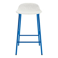 White upholstered bar stool with vibrant blue metal legs and a sleek, modern design. Perfect for contemporary spaces.