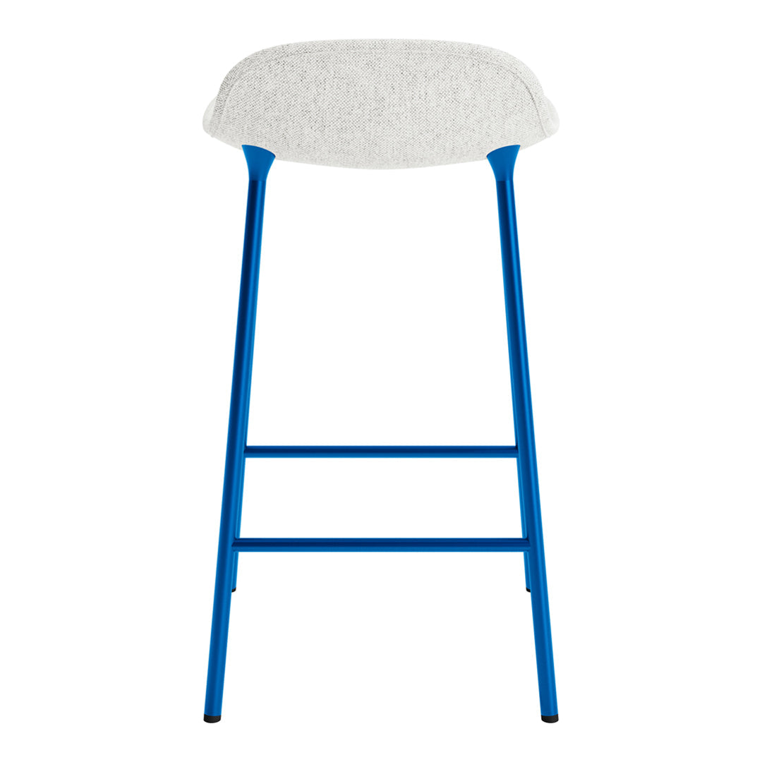 Blue metal stool with a textured gray seat, perfect for modern decor.