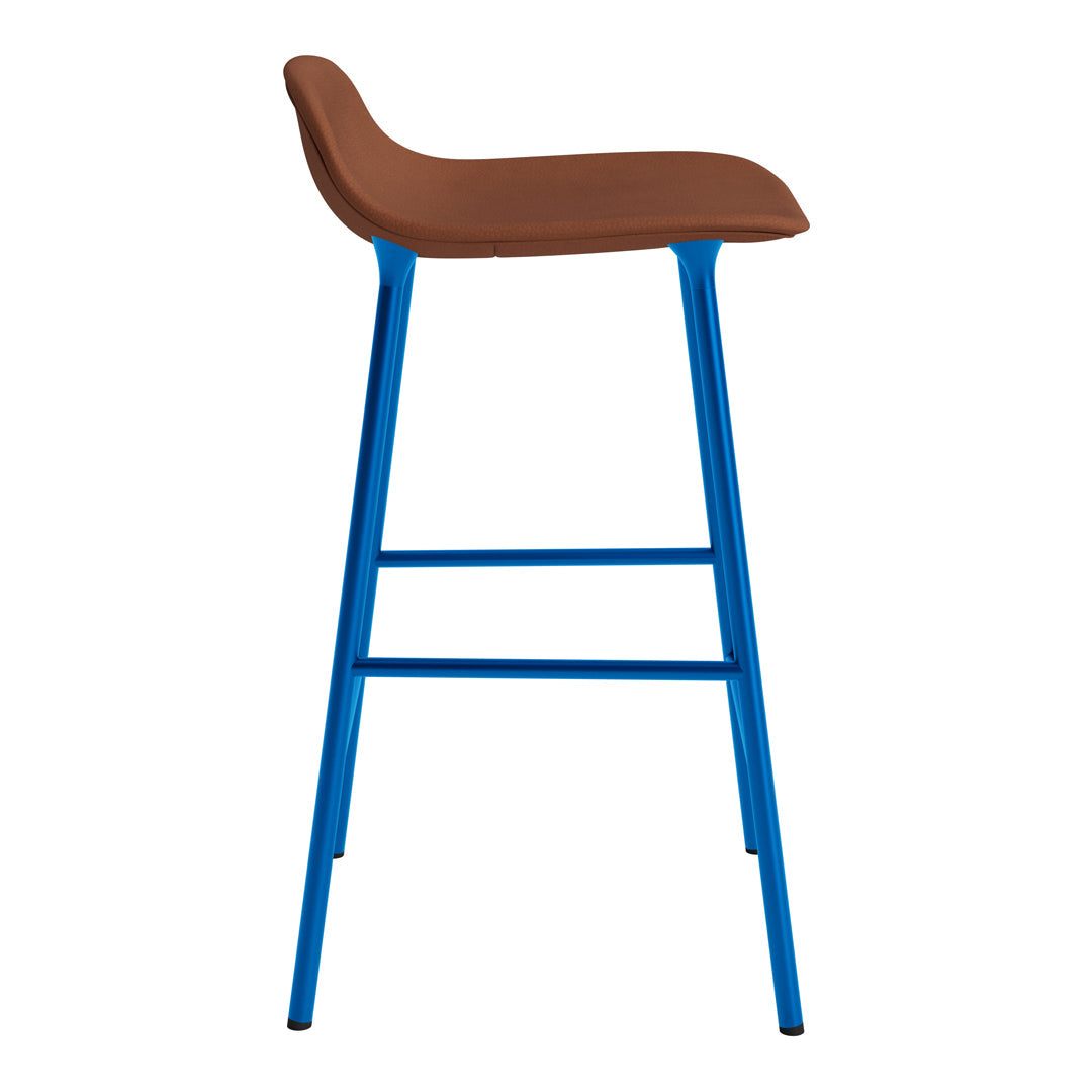 Brown upholstered bar stool with a vibrant blue metal frame, featuring a sleek, modern design.