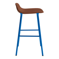 Brown upholstered bar stool with a vibrant blue metal frame, featuring a sleek, modern design.