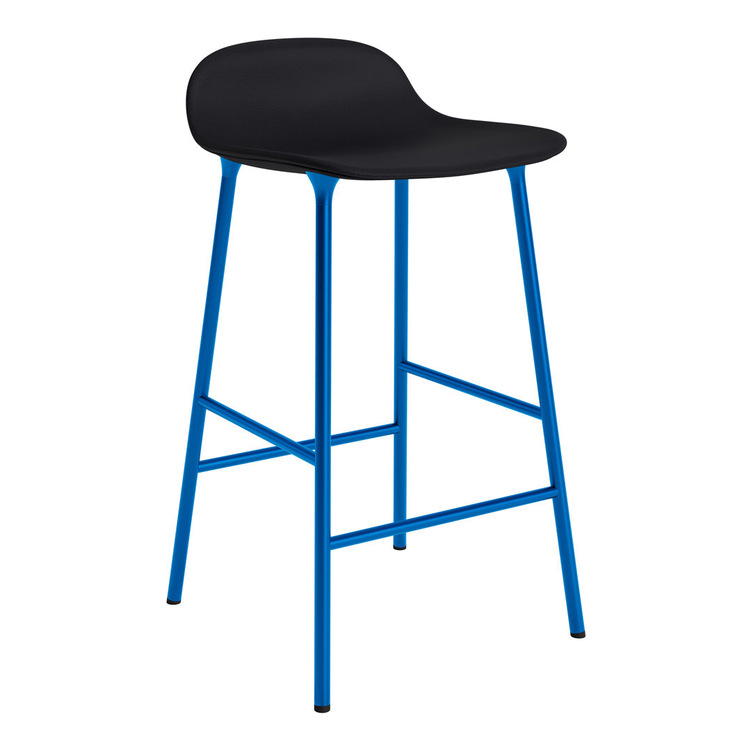 Black bar stool with a smooth rounded seat and bright blue metal legs. Simple and modern design.