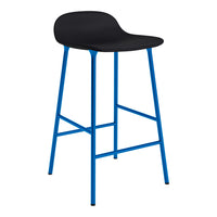 Black bar stool with a smooth rounded seat and bright blue metal legs. Simple and modern design.