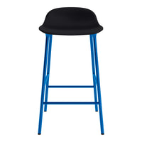 Black bar stool with blue metal legs, featuring a simple and modern design. Perfect for contemporary spaces.