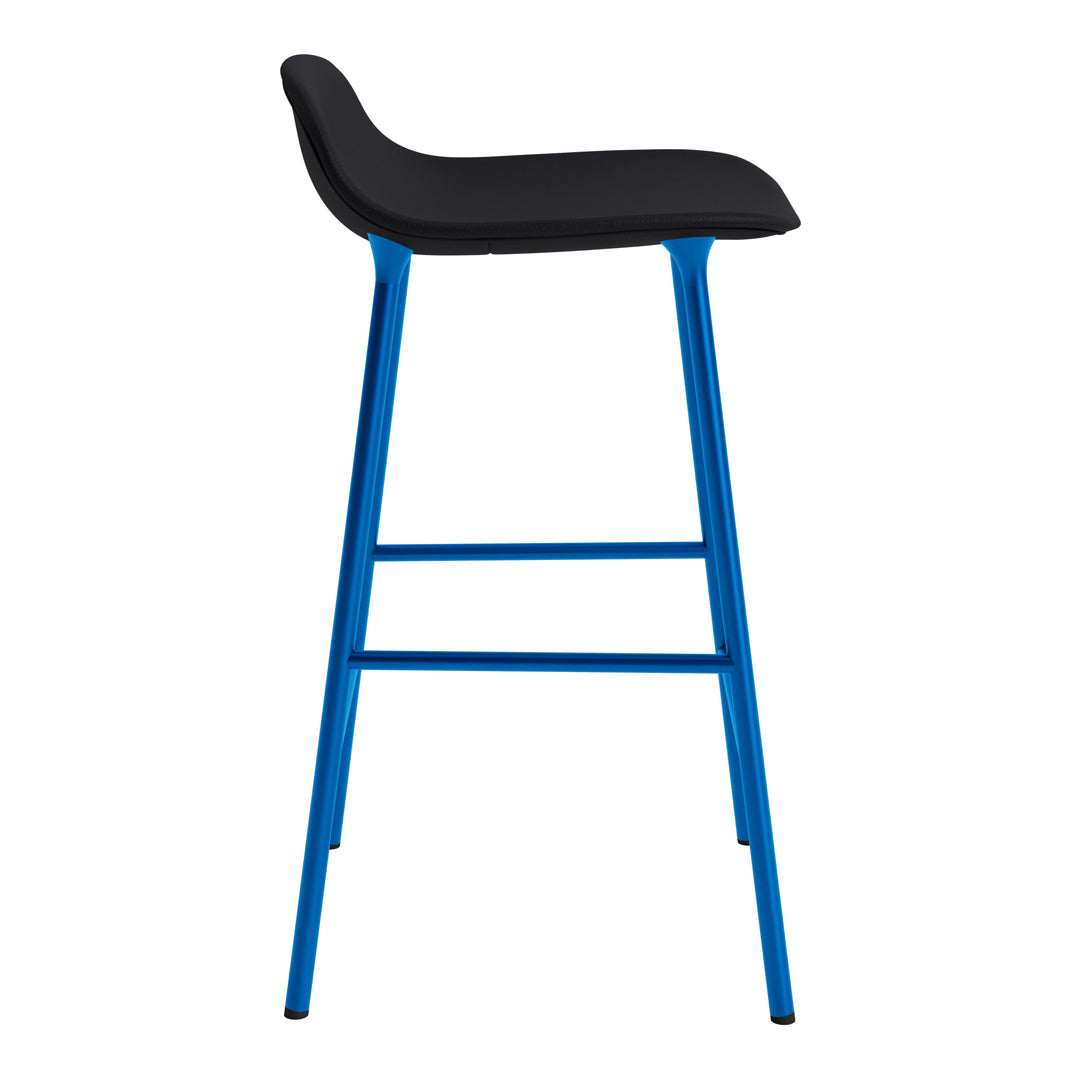 Black upholstered bar stool with a bright blue metal frame, featuring a sleek, modern design.