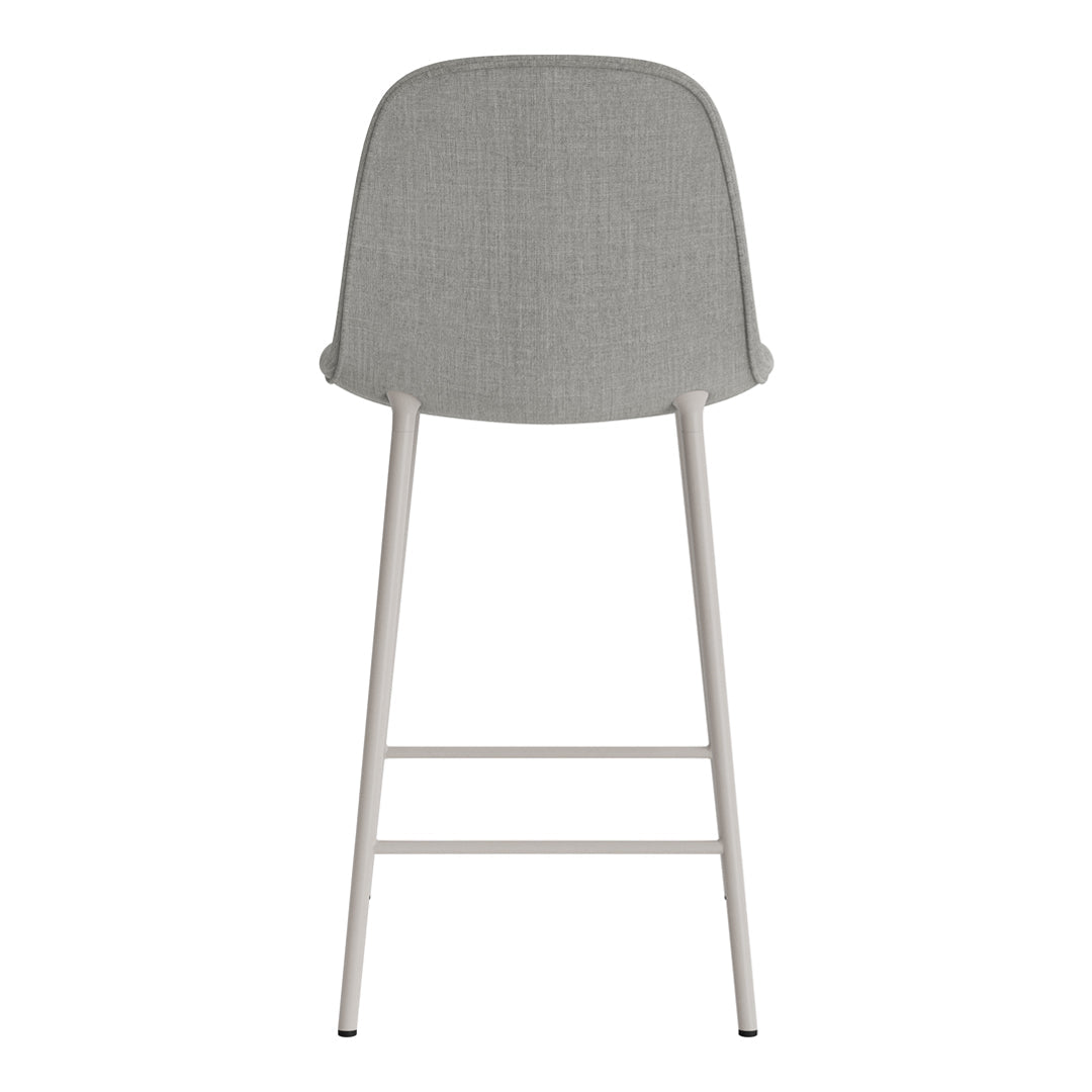 Gray upholstered bar stool with a smooth surface and sleek metal legs, showcasing a minimalist design.