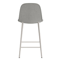 Gray upholstered bar stool with a smooth surface and sleek metal legs, showcasing a minimalist design.